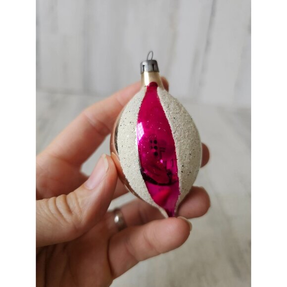 Vintage Mercury glass indent teardrop blue striped flocked ornament Xmas tree - Picture 3 of 13